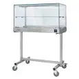 HEATED DISPLAY ON TROLLEY STAND - MOD. TCVP - FLAT GLASS - STAINLESS STEEL FRAME - TEMPERATURE°C +30 /+ 90  - THERMOSTATIC TEMPERATURE CONTROL - SINGLE PHASE 240V - EC STANDARDS
