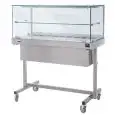 HEATED DISPLAY WITH MIDDLE SHELF ON TROLLEY STAND - MOD. TCMVP - FLAT GLASS - STAINLESS STEEL FRAME - TEMPERATURE °C +30 /+ 90  - THERMOSTATIC TEMPERATURE CONTROL - SINGLE PHASE 240V - EC STANDARDS